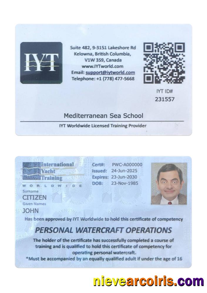 Canada British Columbia international yacht training card